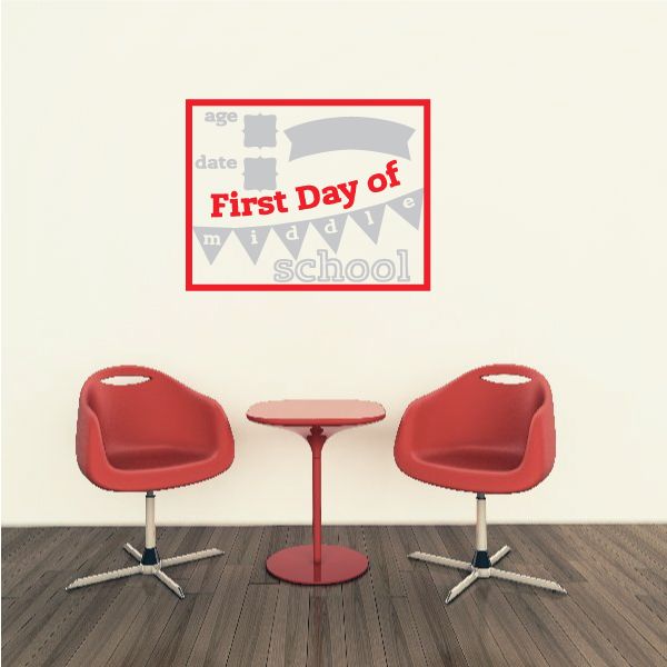 School decal with red border and banner text 'First Day of School'