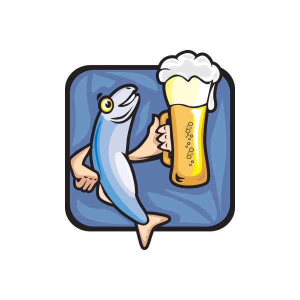Fish drinking beer sticker, cartoon blue fish holding a foamy beer mug