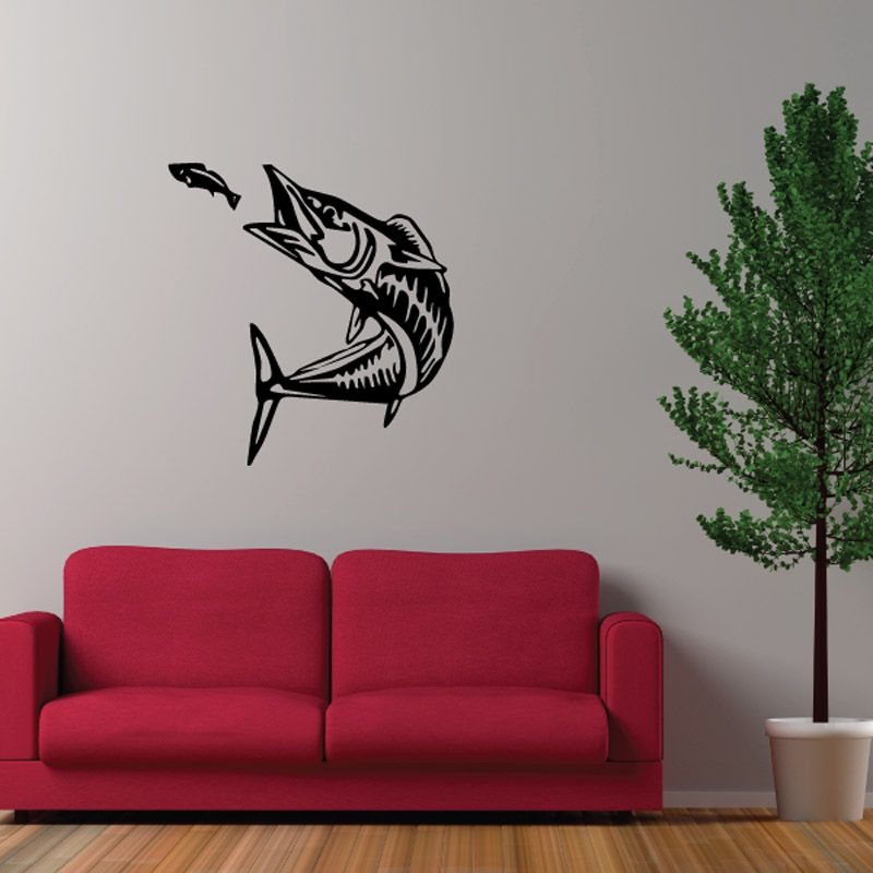 Fish lure decal sticker, black jumping fish with hook and bait
