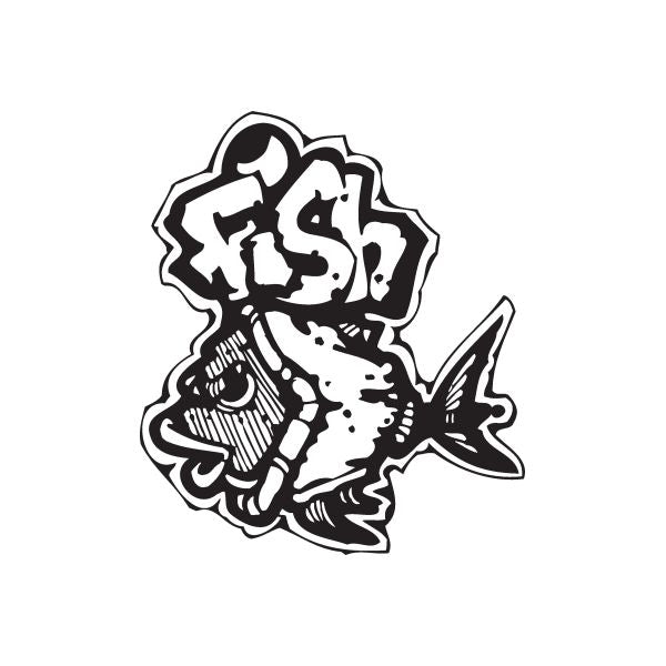 Black graffiti fish decal with stylized splashes and bold lettering