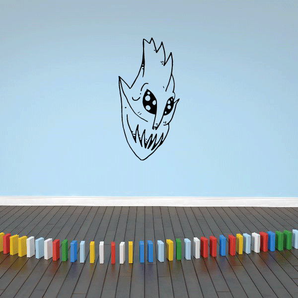 Fish monster mask decal, white face with black outline and big dark eyes