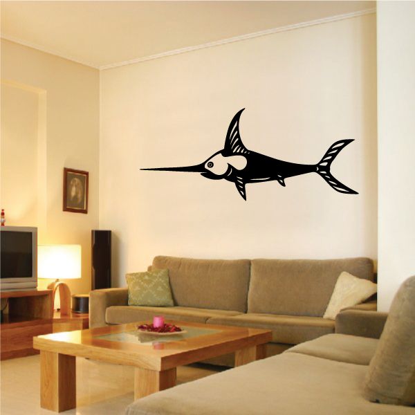 Black fish vinyl wall decal, single long fish silhouette with fins