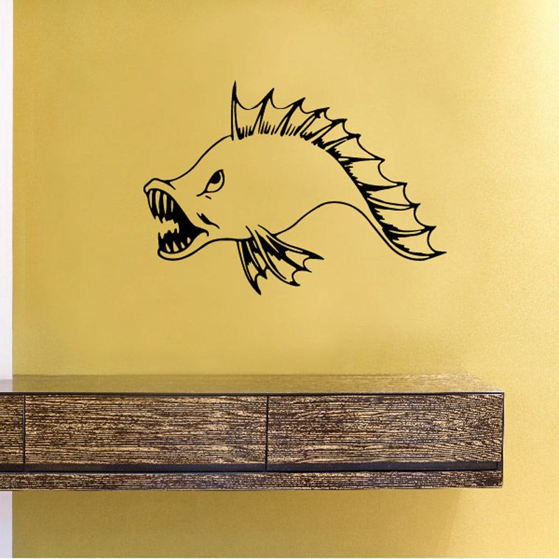 Fish wall decal: black spiky fish profile with eye and open mouth