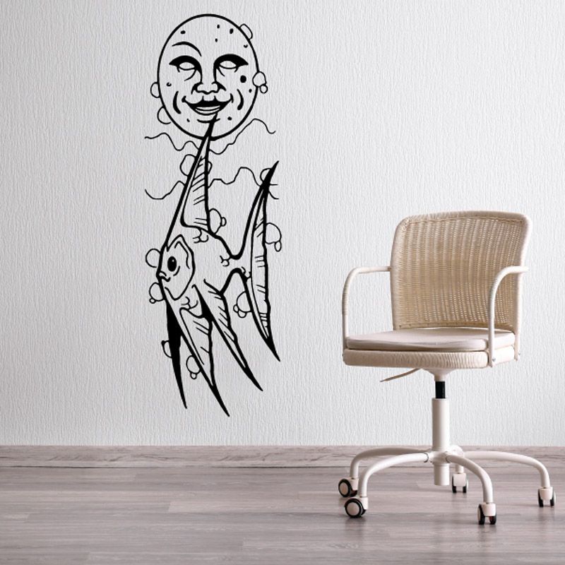 Fish wall decal: black vinyl outline of a cartoon fisherman holding a fish