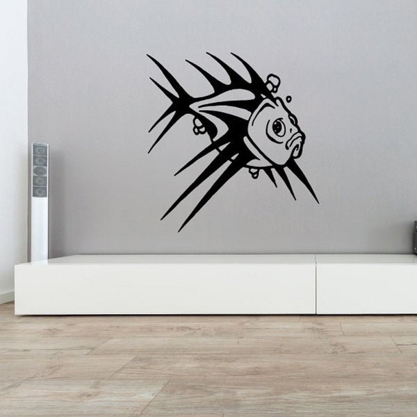 Black spiky fish wall vinyl decal with outlined eye and fins