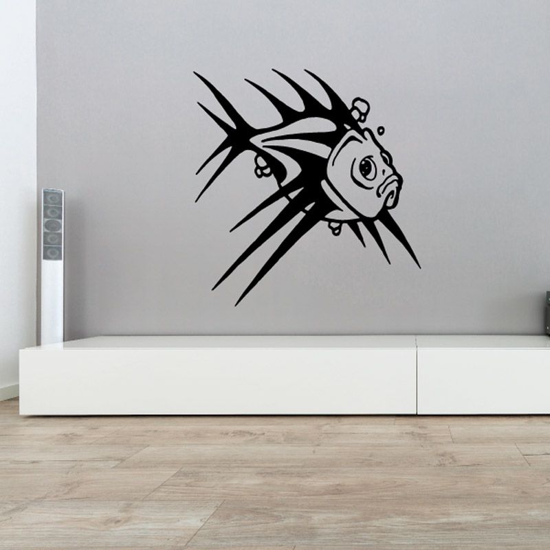 Black spiky fish wall vinyl decal with outlined eye and fins