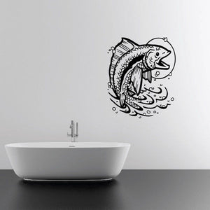 Fish wall decal vinyl sticker, black line-art jumping fish with bubbles