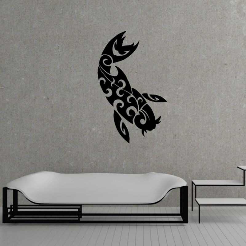 Black ornate fish vinyl wall decal with swirling tail
