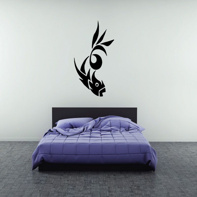 Fish wall decal with black stylized fish and leaf-like accents