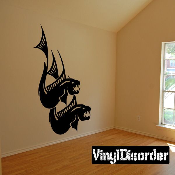 Pisces diving fish wall decal, black silhouette of two fish