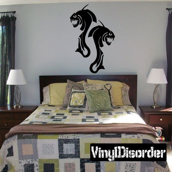 Angry fish vinyl wall decal with black Pisces swirl design