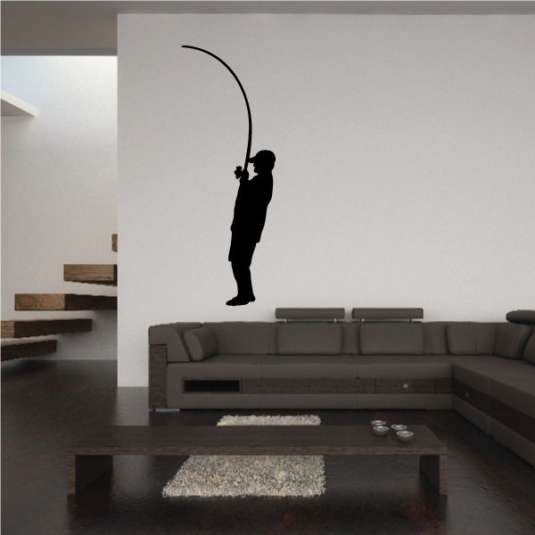 Fisherman reeling in wall decal with black silhouette and arched fishing line