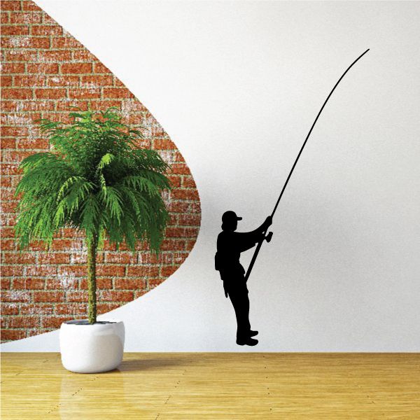 Fisherman vinyl wall decal silhouette holding fishing rod and line