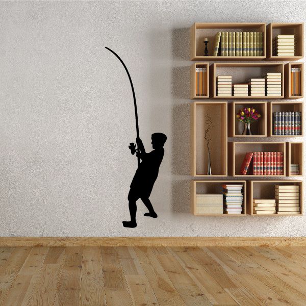 Fisherman wall decal featuring black silhouette of a fisherman holding a fishing rod