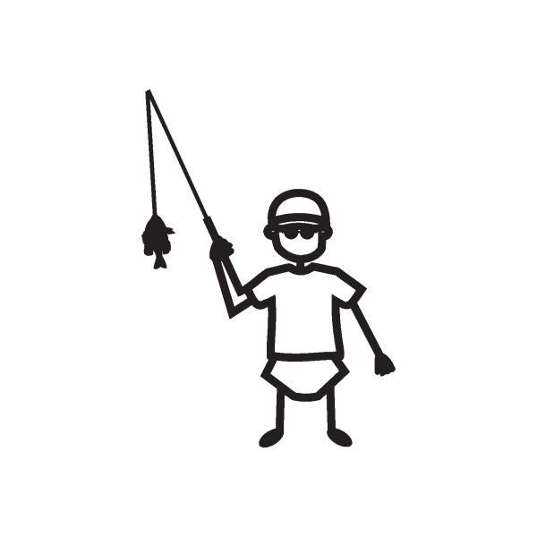 Fisherman baby no-face decal, holding fishing rod and line with sunglasses