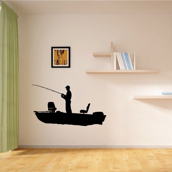 Fishing boat vinyl wall decal with standing fisherman silhouette, fishing rod and tackle