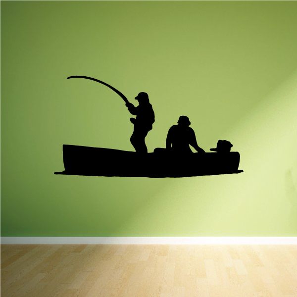 Fishing boat wall decal with three silhouetted fishermen casting nets on a skiff