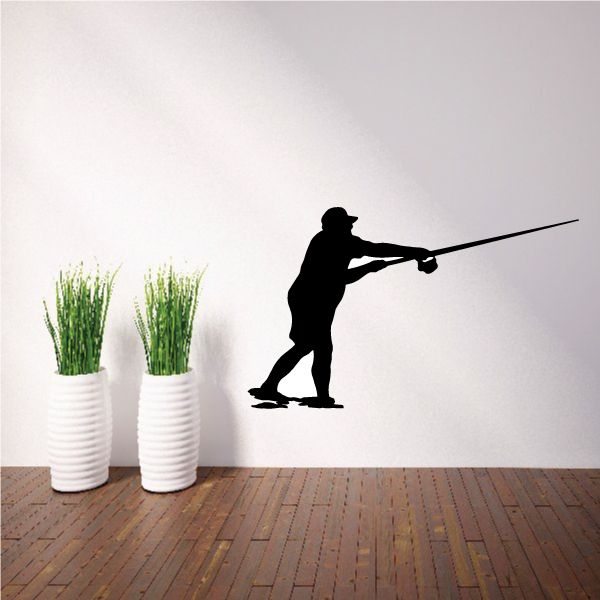 Fisherman holding fishing rod black wall decal silhouette