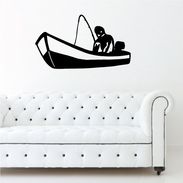 Fishing boat wall decal vinyl with fisherman silhouette in black
