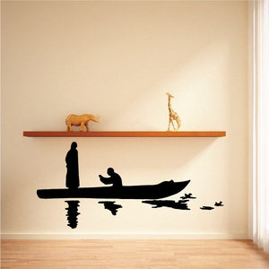 Fishing boat wall decal with silhouetted angler, boat, and fish details