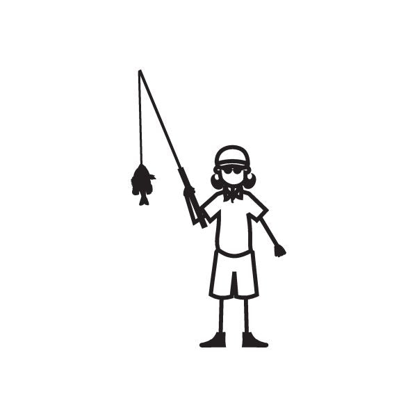 Fishing girl decal with black silhouette holding a fishing rod and bait net