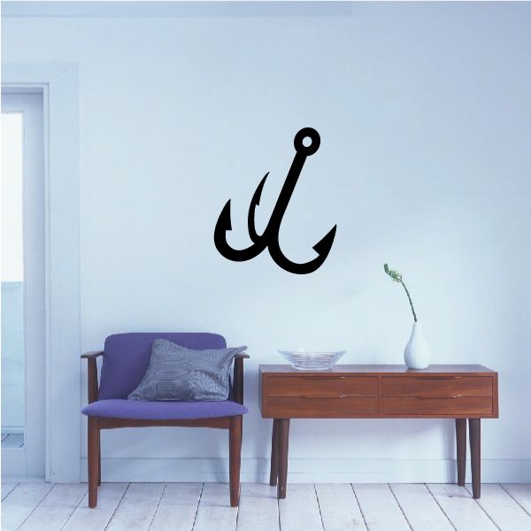 Black vinyl fishing hook wall decal with single J-shaped hook