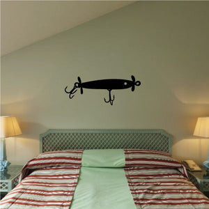 Fishing lure wall decal, black minnow with double hooks and barbed treble