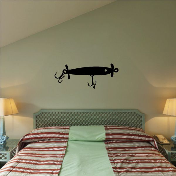 Fishing lure wall decal, black minnow with double hooks and barbed treble