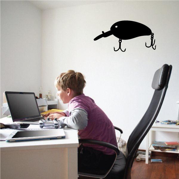 Fishing lure wall decal with black lure and two hanging hooks