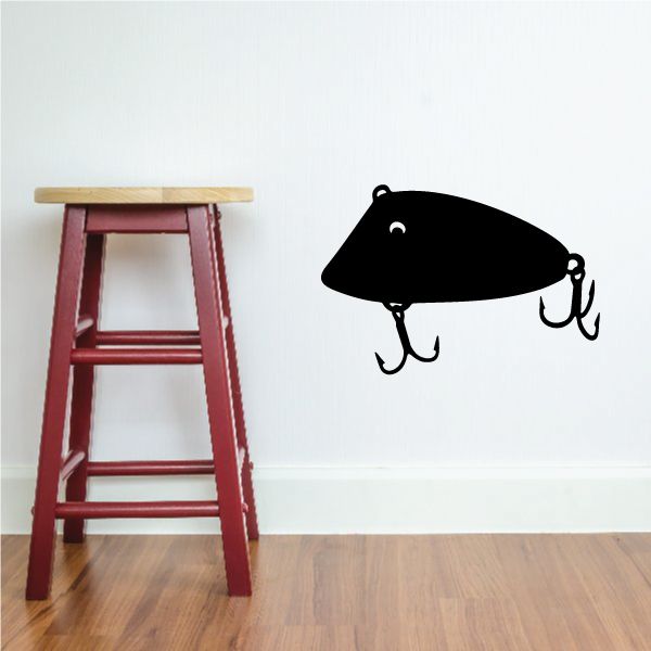 Fishing lure wall decal with black lure and three metal hook outlines