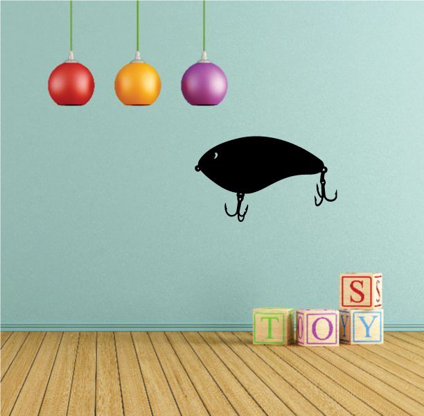Fishing lure vinyl wall decal, black crankbait with treble hooks.