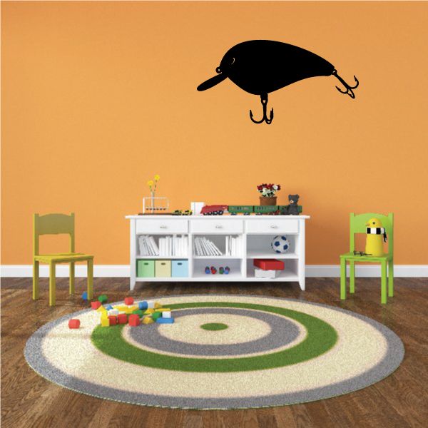 Fishing lure wall decal vinyl sticker, black lure with two metal hook attachments