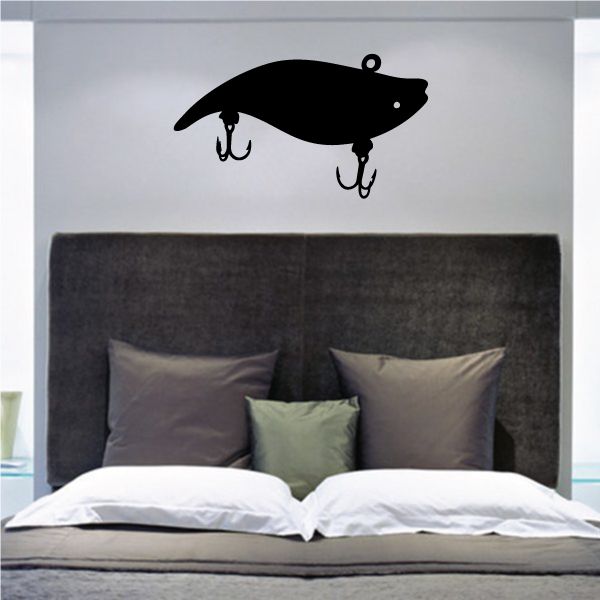 Fishing lure wall decal: black lure silhouette with two hook designs