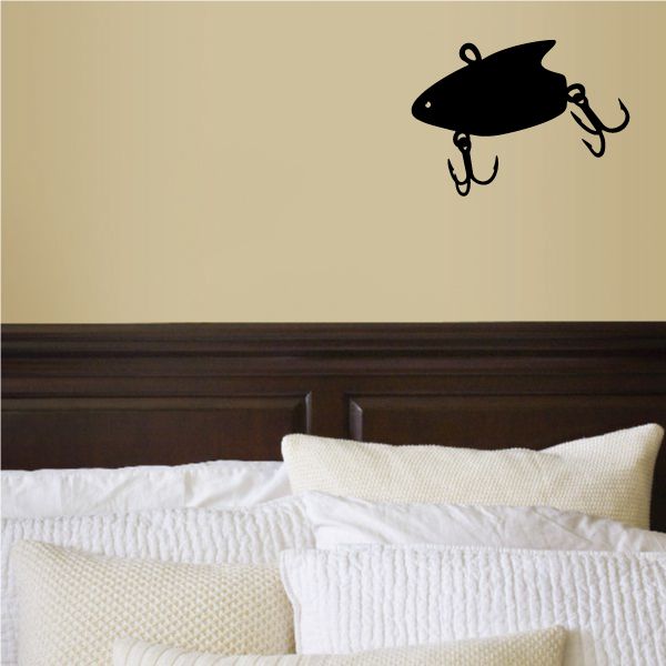 Vinyl fishing lure wall decal with black fish and two hanging hooks
