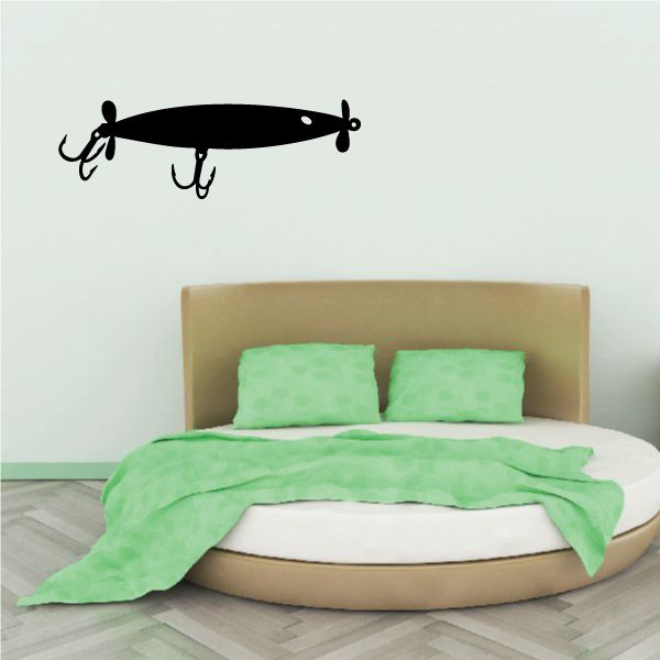 Fishing lure wall decal, black fish-shaped lure with small hooks