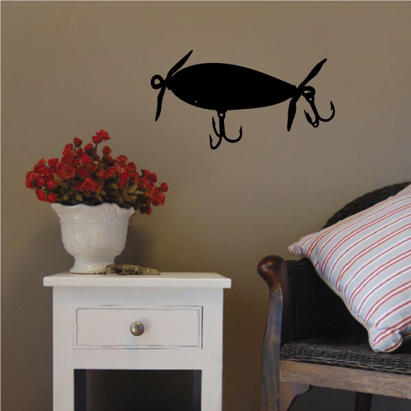 Fishing lure wall decal, black vinyl fish design with hooks and tail fins