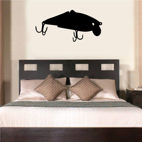 Fishing lure wall decal, black baitfish silhouette with three hook points