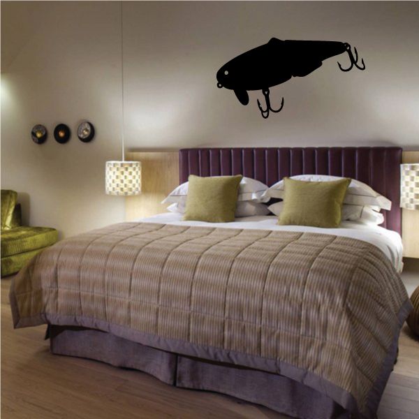 Fishing lure wall decal, black vinyl fish shape with hooks