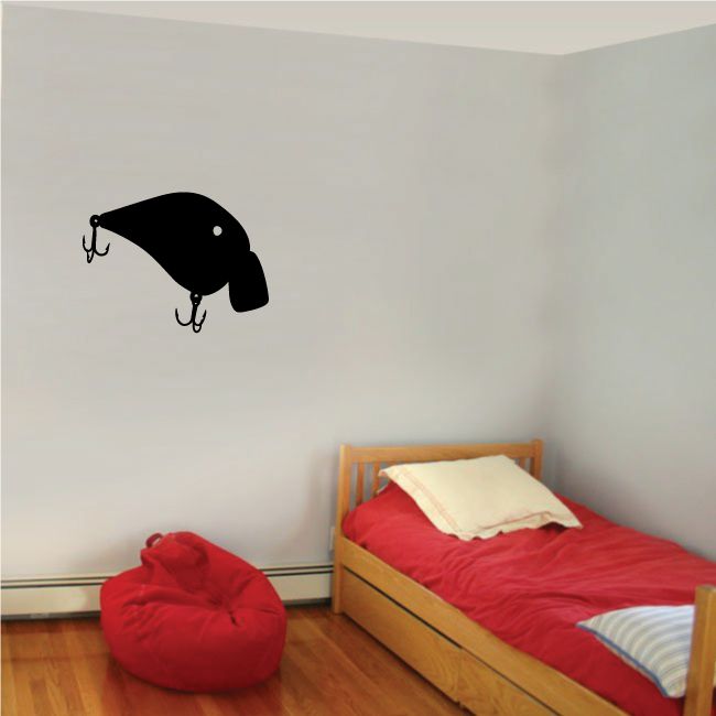 Fishing lure vinyl wall decal with a black lure silhouette and two hooks