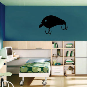 Fishing lure vinyl wall decal, dark fish silhouette with two treble hooks and fishing line