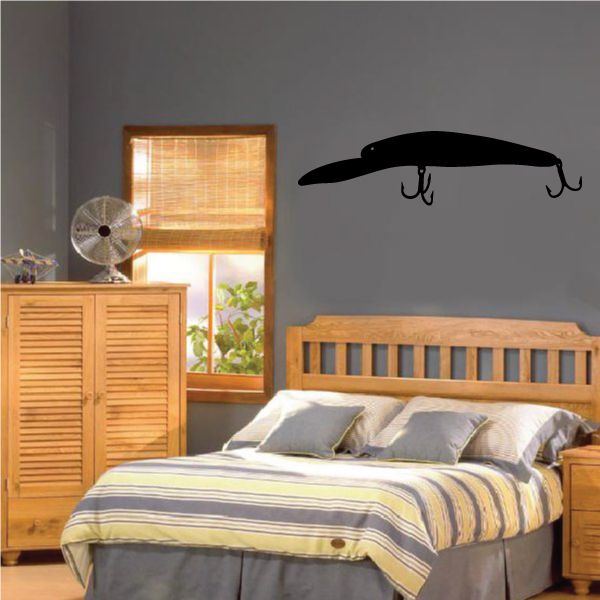 Fishing lure wall decal vinyl with two hanging hook designs in dark color