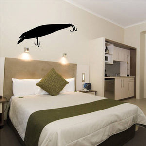 Fishing lure wall decal with black lure and two silver hooks