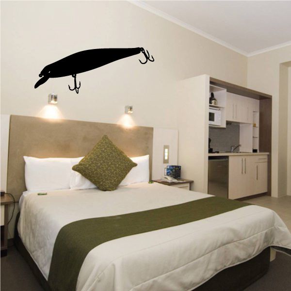 Fishing lure wall decal with black lure and two silver hooks