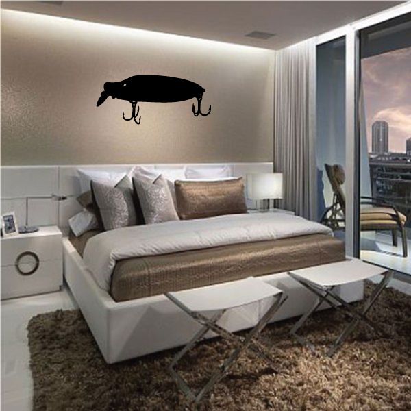 Fish lure wall decal in black with two hanging hooks and treble points