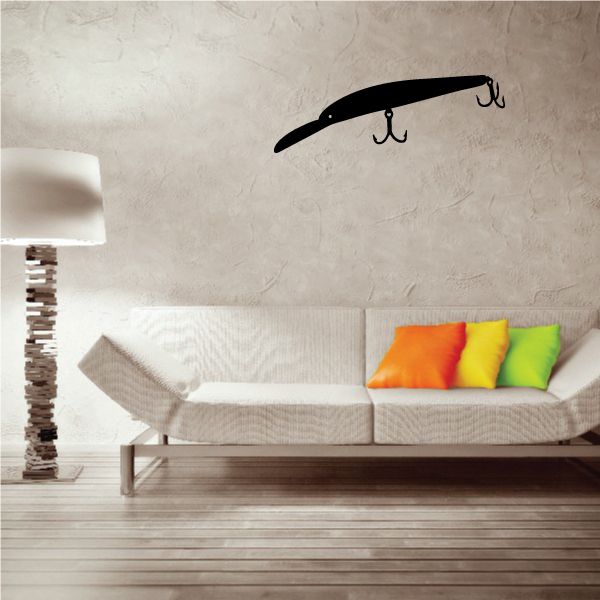 Black fishing lure wall decal with two hook points and small bait hooks