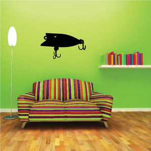 Fishing lure wall decal, black crankbait silhouette with two front hooks.
