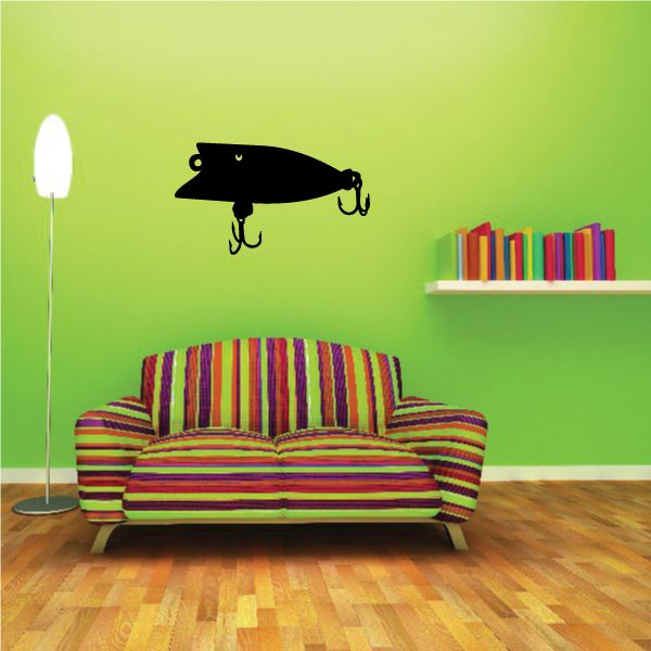 Fishing lure wall decal, black crankbait silhouette with two front hooks.