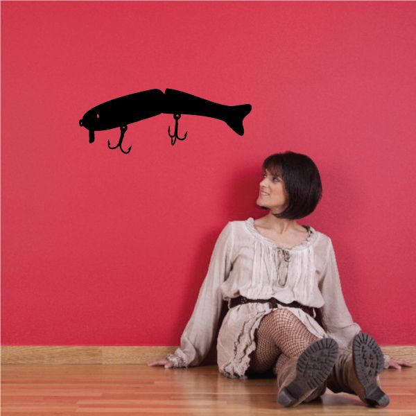 Fishing lure vinyl wall decal, black crankbait with two hanging hooks