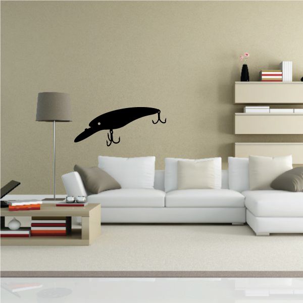 Fishing lure wall decal, black vinyl fish with two treble hooks