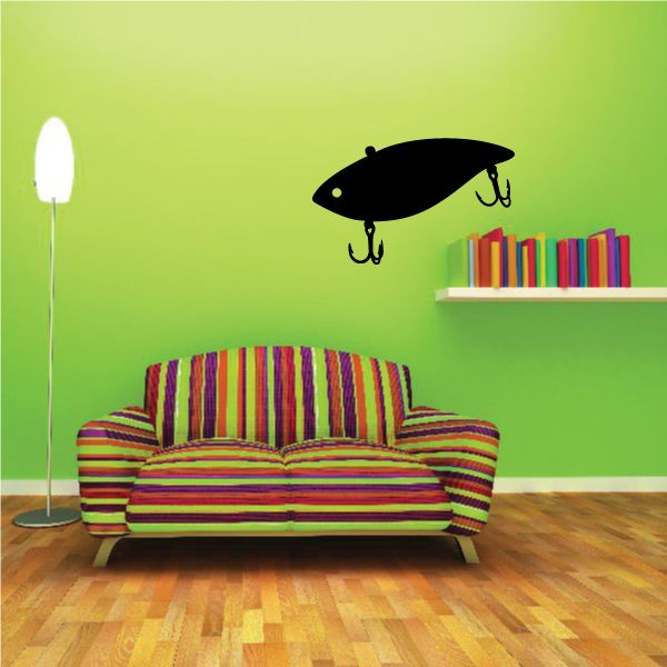 Black fishing lure fish wall decal with two dangling hooks